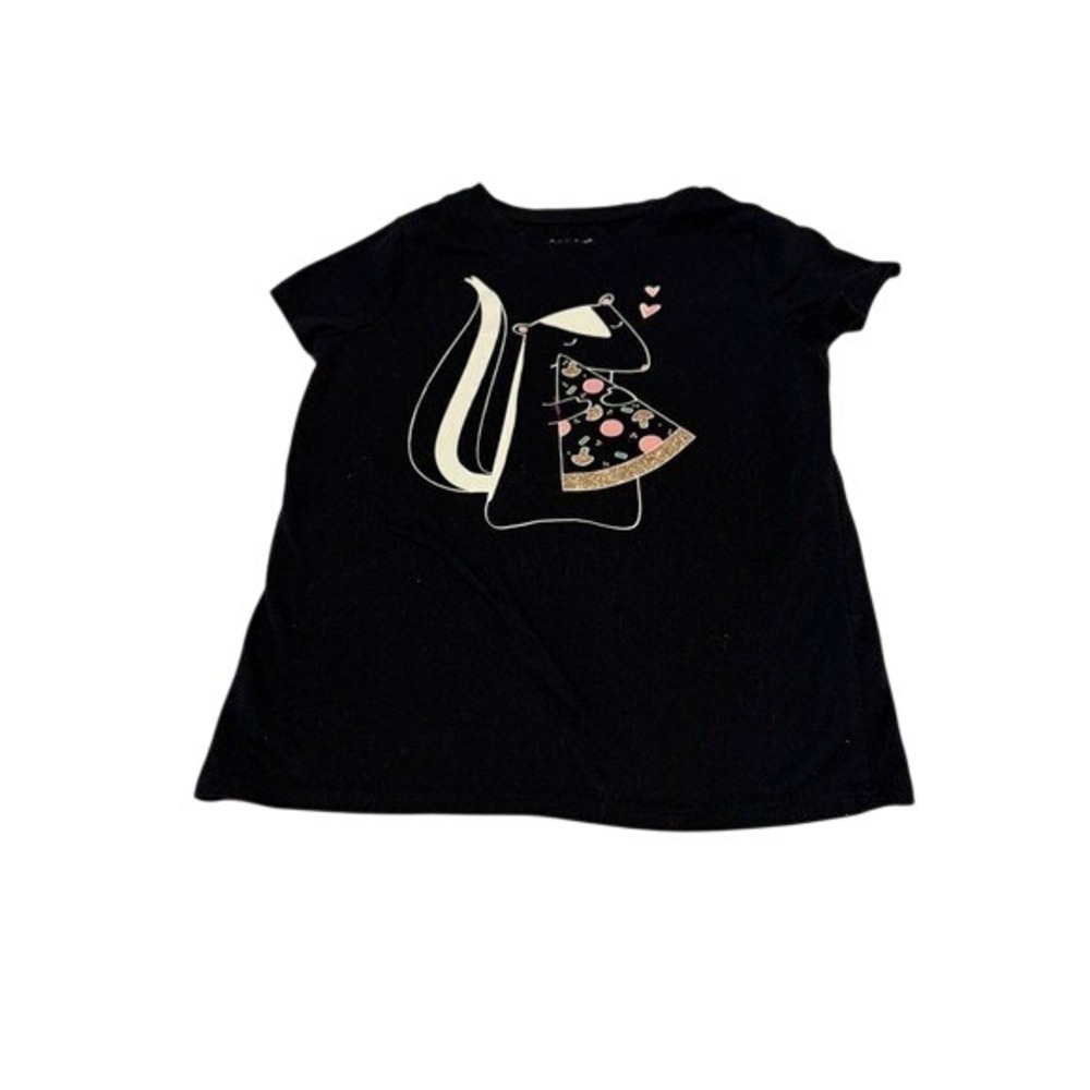 Cat & Jack Kids Black Skunk Pizza Graphic Tee Shirt Glitter Accents‎ Size M 7/8